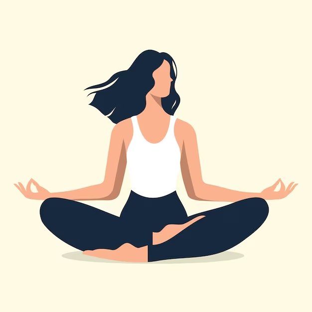 Woman in a seated yoga twist on a mat, with tropical leaves — flat wellness illustration