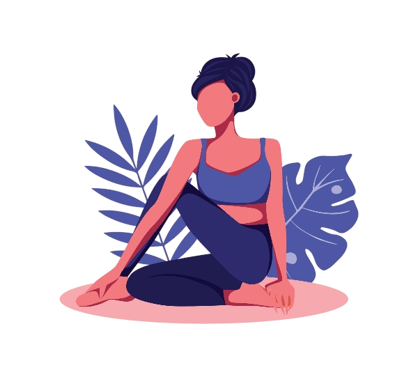 Woman in a seated yoga twist on a mat, with tropical leaves — flat wellness illustration